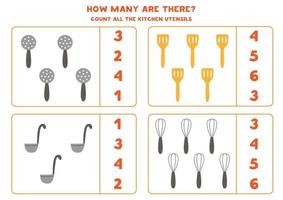 Zählspiel mit Küchenbesteck. Mathe-Arbeitsblatt. vektor