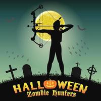 halloween bågskytt zombiejägare på nattkyrkogården vektor