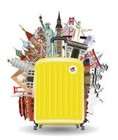 Kofferreisetasche mit Wahrzeichen der Weltreise vektor