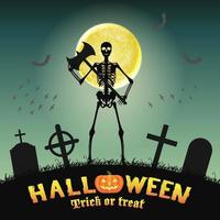 halloween skelett krigare i en natt kyrkogård vektor