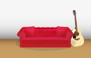 röd soffa och akustisk gitarr vektor