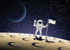 Karikaturentwurf des Astronauten, der eine Flagge auf der Oberfläche des Mondes hält vektor