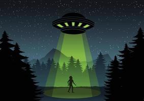 Karikaturentwurf von UFO, der über den Wald und einen Mann fliegt vektor