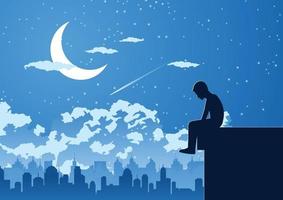 silhuett design av ensam ung man i tyst natt på toppen av byggnaden vektor