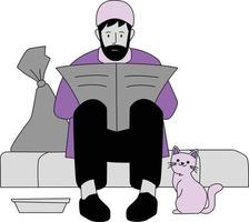 Vektor Illustration von Muslim Mann lesen ein Buch und Katze Sitzung Nächster zu ihm