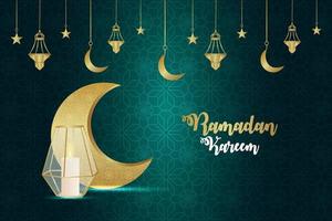 Ramadan Kareem Einladungsgrußkarte mit goldenem Mond und kreativer Laterne auf Musterhintergrund vektor