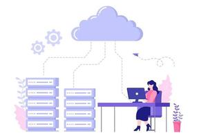 Computer Cloud Server Hosting Speicher Illustration der Datenübertragungstechnologie und Schutz mit Administrator oder Entwicklerteam vektor