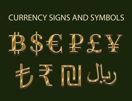 uppsättning med guld symboler, tecken av valutor. oss dollar, euro, pund sterling, rubel, yen, bitcoin, rial, sikel, rupee och lire i årgång stil. vektor