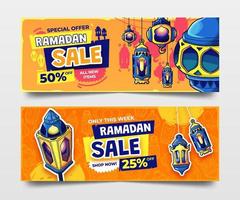orange ramadan försäljning banderoller med hand dragen lyktor illustration vektor
