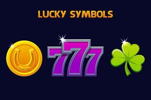 tur- symboler - sju, klöver och hästsko. ikoner för slots och kasino spel. ui element för jackpott i spelande. vektor