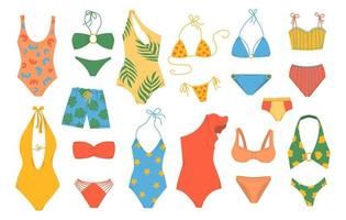 stor uppsättning kvinna och manlig strand kläder. sommar baddräkt, bikini, monokini. eleganta modern badkläder design. platt hand dragen färgrik vektor illustration isolerat på vit bakgrund.