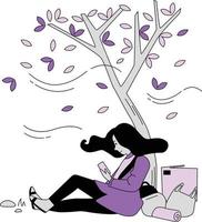 ung kvinna Sammanträde under en träd och läsning en bok. vektor illustration