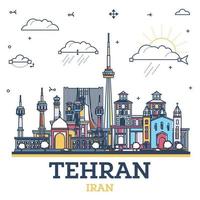 Gliederung Teheran ich rannte Stadt Horizont mit farbig historisch Gebäude isoliert auf Weiß. Teheran Persien Stadtbild mit Sehenswürdigkeiten. vektor