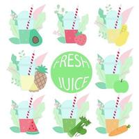 frukt och vegetabiliska smoothies uppsättning. färsk juice i plast koppar för meny, omslag, särskild erbjudande och annan idéer av design. vektor illustration i platt stil.