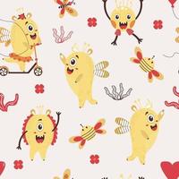 ein nahtloses Muster mit fantastischen Monstern. süße gelbe Monster - ein Mädchen auf einem Roller und ein Junge mit einer Frisur im Hintergrund mit Schmetterlingen, Blumen und Bienen. Vektor