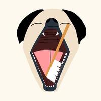 Eckzahn Dental Pflege und Hygiene. Hund bekommen seine Zähne gereinigt mit ein Zahnbürste. Vektor Illustration im Hand gezeichnet Stil