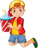 glad pojke seriefiguren håller en drink plast kopp vektor