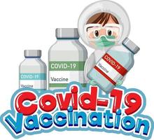 covid 19 Impfschrift mit einem Arzt, der covid 19 Flasche hält vektor