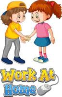 två barn seriefiguren håller inte socialt avstånd med arbetet hemma typsnitt isolerad på vit bakgrund vektor