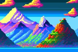 Landschaft 8 Bit Pixel Kunst. Sommer- natürlich Landschaft Berg Landschaft Arkade Video Spiel Hintergrund vektor