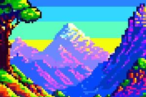 Landschaft 8 Bit Pixel Kunst. Sommer- natürlich Landschaft Berg Landschaft Arkade Video Spiel Hintergrund vektor