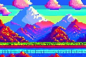 landskap 8bit pixel konst. sommar naturlig landskap berg landskap arkad video spel bakgrund vektor