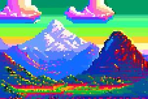 Landschaft 8 Bit Pixel Kunst. Sommer- natürlich Landschaft Berg Landschaft Arkade Video Spiel Hintergrund vektor