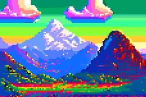 landskap 8bit pixel konst. sommar naturlig landskap berg landskap arkad video spel bakgrund vektor