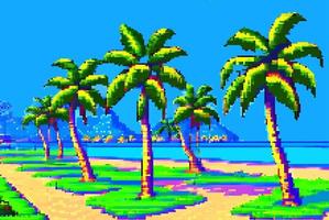 Landschaft 8 Bit Pixel Kunst. Sommer- natürlich Landschaft. Sommer- Ozean Strand, Landschaft Arkade Video Spiel Hintergrund vektor