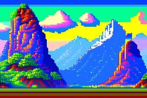 landskap 8bit pixel konst. sommar naturlig landskap berg landskap arkad video spel bakgrund vektor