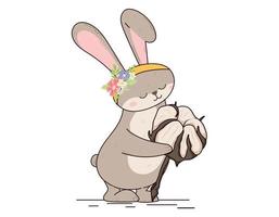 tecknad serie söt kanin innehav en kvist med en bomull boll. vektor isolerat platt hare med en fälg av blommor.