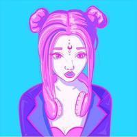 digital konst av en cyber neon kvinna i en läder jacka och en par av hörlurar. scifi synthwave flicka med rosa och blå färger. vektor