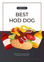 Promo Flyer mit schnell Essen fliegend heiß Hund und Ketchup, Senf. Straße wegbringen Cafe, Kochen, Müll Lebensmittel. König Größe, klassisch amerikanisch traditionell Karikatur Snacks Mahlzeiten. a4 Banner, Poster, Speisekarte vektor