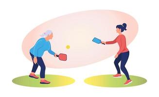 Mädchen und Alten Frau abspielen Essiggurke. Athlet, Mensch Zahl mit Schläger und Ball. draussen Sport. Sommer- Sport. aktiv Pickleball Spiel zum ganze Familie. aktiv alt Alter. Vektor Illustration