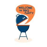 Karikatur Grill lädt ein zu ein Grill Party. herzlich willkommen Einladung zu Grill Picknick. Design Element zum Speisekarte, Poster, Banner, Bekanntmachung, Grill Party. Vektor Illustration.