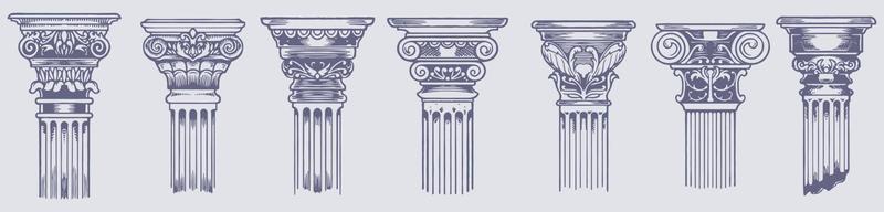 gammal grekisk kolonner - årgång skiss illustrationer uppsättning för retro vektor