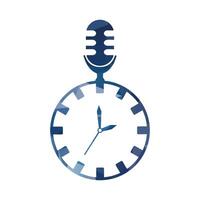 Konzept von Podcast Zeit retro Mikrofon und Mauer Uhr. Vektor Illustration im Blau Farben.