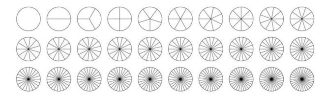 munk eller paj Diagram mallar.bråk paj dividerat för matematik. cirkel paj med bitar. segmentet skiva uppsättning. enkel geometri. vektor isolerat illustration