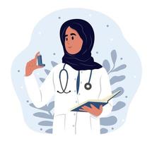 ein jung lächelnd Muslim Frau Arzt Mann hält ein Inhalator zum Inhalation im seine Hände. Kinder Arzt. Bronchial Asthma. Allergie, Asthmatiker. Inhalation Arzneimittel. Welt Asthma und Allergie Tag. vektor