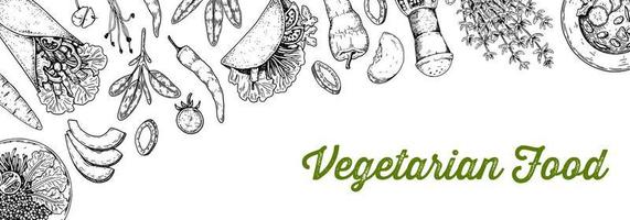 vegetarian mat bakgrund. hand dragen vektor illustration i skiss stil. restaurang meny design