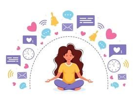 Informationsentgiftung und Meditation. Frau meditiert in Lotushaltung. digitales Entgiftungskonzept. Vektorillustration. vektor