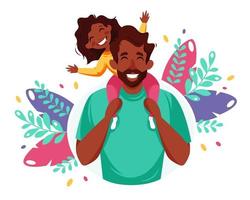 glad fars dag. svart man med dotter i axlarna. fars dag gratulationskort. vektor illustration