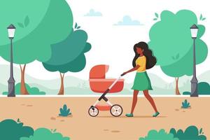 svart kvinna som går med barnvagn i stadsparken. utomhusaktivitet. vektor illustration.