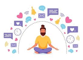 Informationsentgiftung und Meditation. Mann meditiert in Lotus-Pose. digitales Entgiftungskonzept. Vektorillustration. vektor