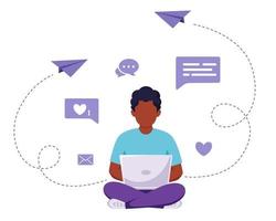afro amerikansk man sitter med bärbar dator. frilans, online-studier, fjärrarbete koncept. vektor illustration