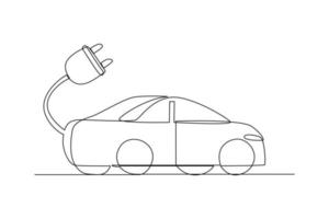 kontinuerlig ett linje teckning elektrisk bil med plugg. elektrisk bil begrepp. enda linje dra design vektor grafisk illustration.