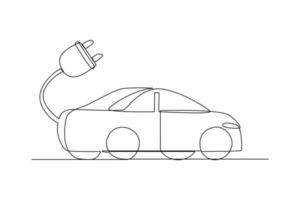 kontinuierlich einer Linie Zeichnung elektrisch Auto mit Stecker. elektrisch Auto Konzept. Single Linie zeichnen Design Vektor Grafik Illustration.