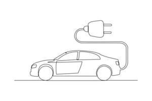 kontinuierlich einer Linie Zeichnung elektrisch Auto mit Stecker. elektrisch Auto Konzept. Single Linie zeichnen Design Vektor Grafik Illustration.