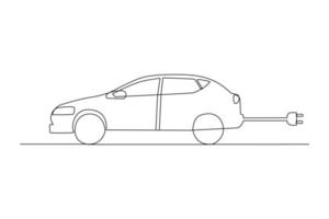 kontinuerlig ett linje teckning elektrisk bil med plugg. elektrisk bil begrepp. enda linje dra design vektor grafisk illustration.