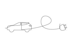 kontinuierlich einer Linie Zeichnung elektrisch Auto mit Stecker. elektrisch Auto Konzept. Single Linie zeichnen Design Vektor Grafik Illustration.